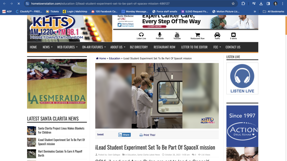 KHTS iLEAD Student Experiment Set to Be Part of Space Mission