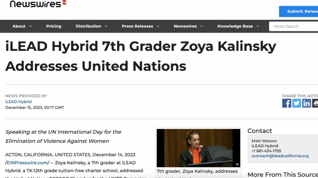 newswires-iLEAD Hybrid 7th Grader Zoya Kalinsky Addresses United Nations-12.15.23