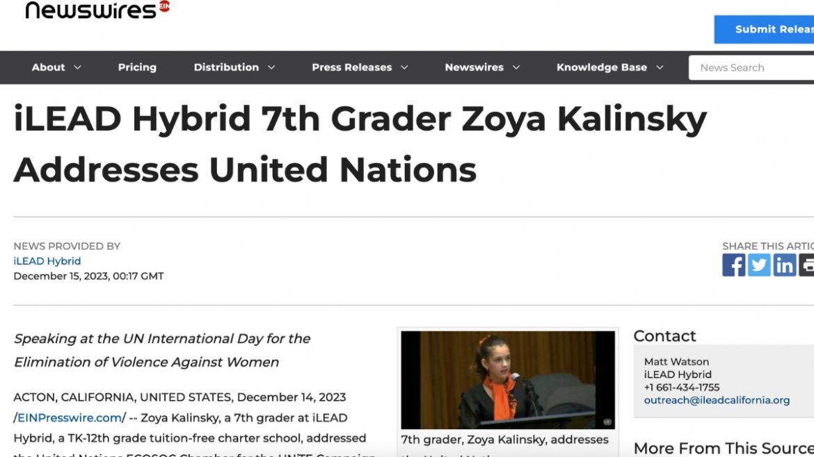 newswires-iLEAD Hybrid 7th Grader Zoya Kalinsky Addresses United Nations-12.15.23